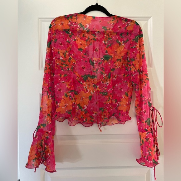 Rumored East End Electric Floral Pink Sheer Top, small - Picture 6 of 8